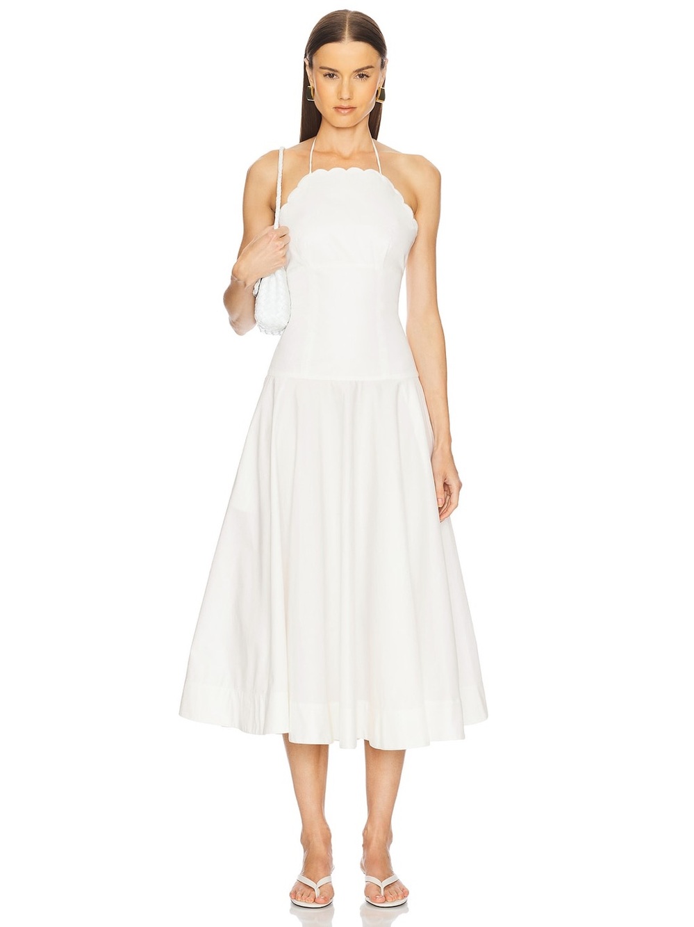 L’Academie Revolve Brenna White Scalloped Halter Poplin Mid Dress Size Large NWT